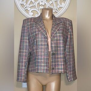 Lynn & Co women vintage Blazer 14 large jacket plaid tweed silk cream beige pink